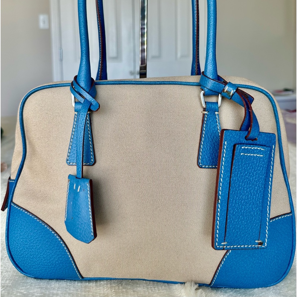 Authentic Prada Cinghiale Trimmed Canapa Shoulder Bag